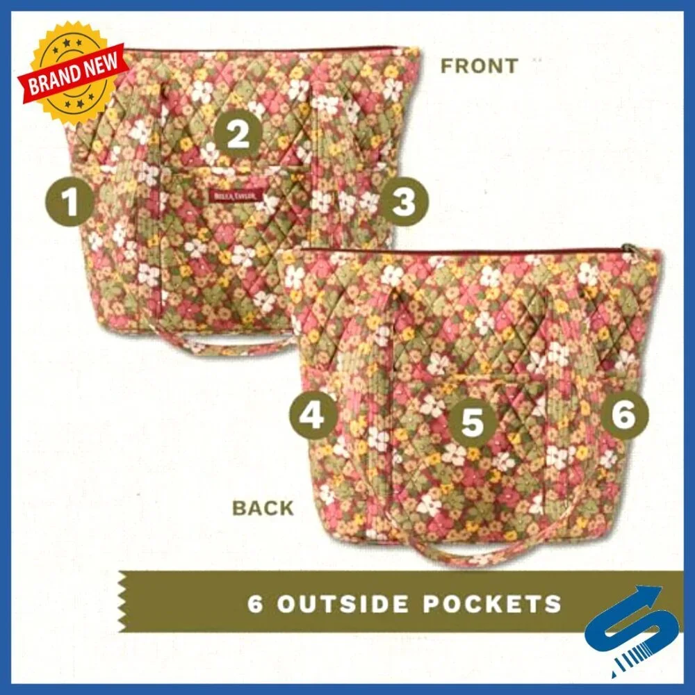Lightweight Quilted Cotton Tote Bag with 10 Pockets for Women